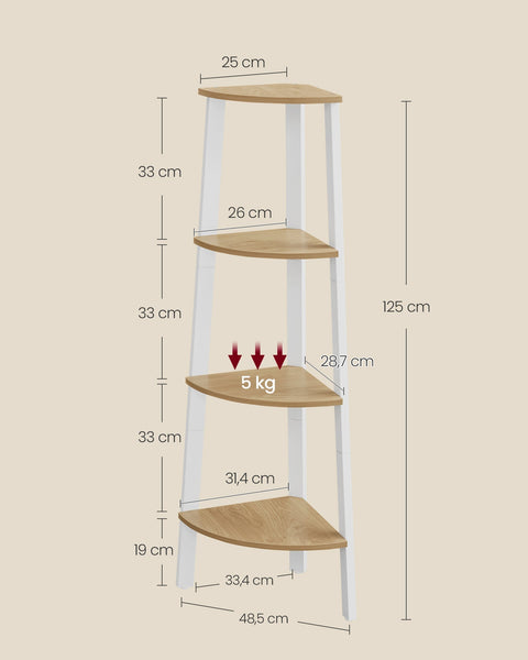 Rootz Corner Shelf - Corner Bookcase - 4 Level Display Stand - Sturdy Design - 33.4cm x 33.4cm x 125cm