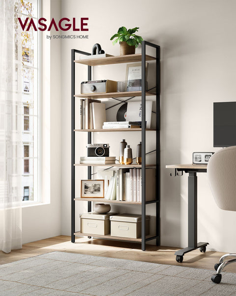 Rootz 6 Tier Bookshelf - Storage Rack - Chipboard Steel - Large Capacity - Easy Assembly - Camel Brown Ink Black - 30cm x 80cm x 186cm