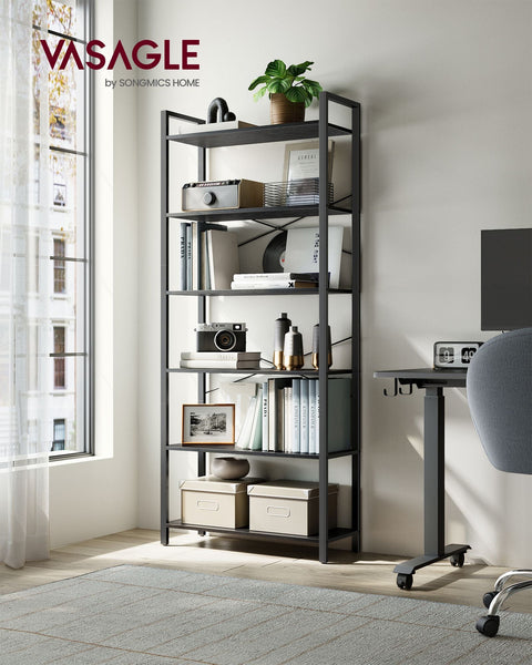Rootz 6 Tier Bookshelf - Ebony Black-Ink Black - Chipboard Steel - Spacious Storage - Sturdy Construction - Easy Assembly - 30cm x 80cm x 186cm