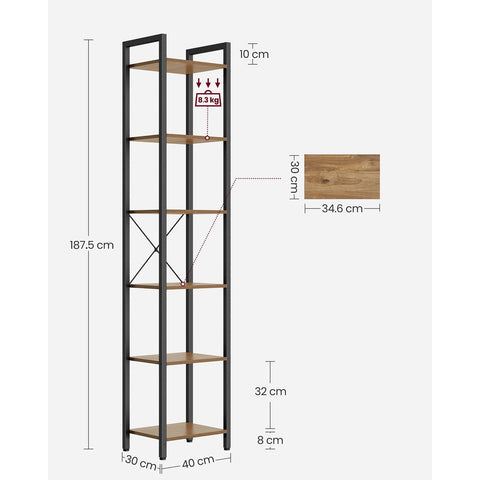 Rootz Bookshelf Dark Walnut-Black - Chipboard Steel - Tall Storage Unit - Sturdy Construction - Easy Assembly - 30cm x 40cm x 187.5cm