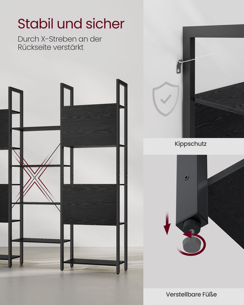 Rootz Bookshelf - Ebony Black-Ink Black - Chipboard Steel - Large Storage - Sturdy Construction - Easy Assembly - 24cm x 158cm x 166cm
