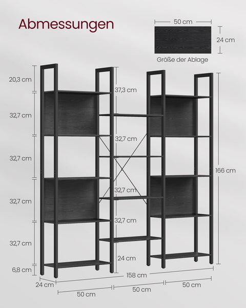 Rootz  Black Standing Shelf - Bookcase - Storage Rack - Metal Frame - 158cm x 24cm x 166cm