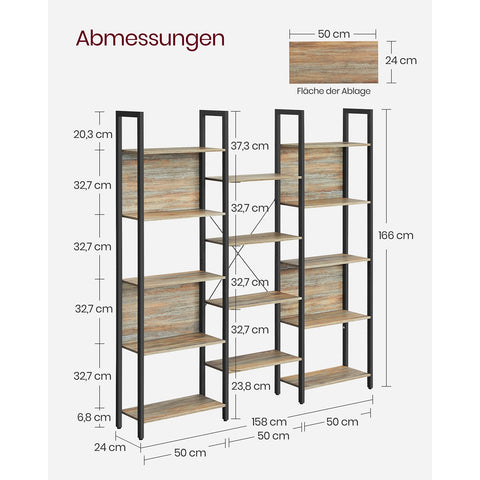 Rootz Bookshelf with Blue Grain-Black Oak Finish - Chipboard Steel - Large Storage Unit - Sturdy Construction - Easy Assembly - 24cm x 158cm x 166cm
