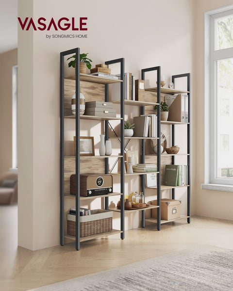 Rootz Bookshelf - Storage Rack - Chipboard Steel - Large Capacity - Easy Assembly - Camel Brown Ink Black - 24cm x 158cm x 166cm