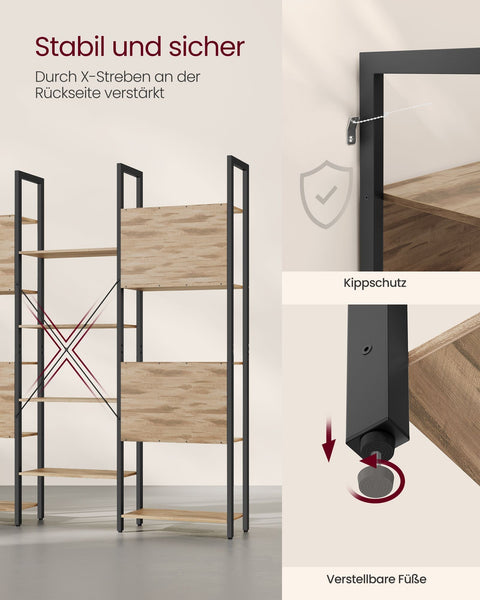 Rootz Bookshelf - Storage Rack - Chipboard Steel - Large Capacity - Easy Assembly - Camel Brown Ink Black - 24cm x 158cm x 166cm
