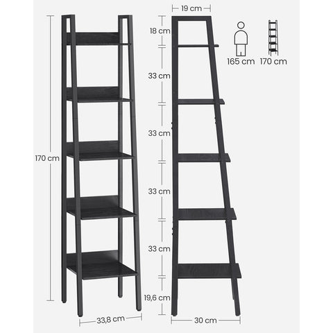Rootz Leiterregal mit 5 Ebenen - Bücherregal - Ablageregal - Stabile Lagerung - 30cm x 33.8cm x 170cm
