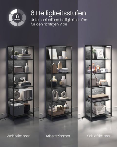 Rootz 6 Tier Bookcase with Lights - Display Shelf - Storage Organizer - Steel & Chipboard - Ebony Black - 30.3cm x 60cm x 178.6cm