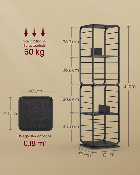 Rootz Bookshelf - Ebony Black-Ink Black - Chipboard Steel - Large Storage - Sturdy Construction - Easy Assembly - 43cm x 43cm x 158cm
