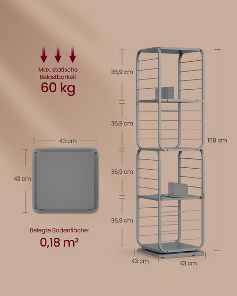 Rootz Dove Gray Bookshelf - Storage Rack - Shelving Unit - Chipboard and Steel - 43cm x 43cm x 158cm - Lightweight - Sturdy - Easy Assembly