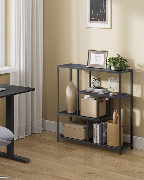 Rootz Bookcase with 4 Shelves - Ebony Black - Ink Black - Chipboard and Steel Material - 30cm x 100cm x 103cm - Lightweight - Sturdy