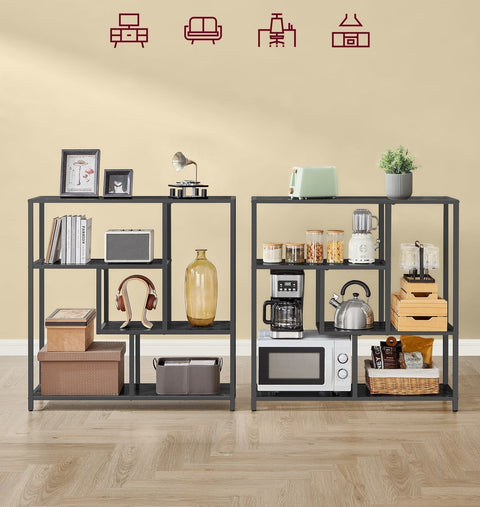 Rootz Bookcase with 4 Shelves - Ebony Black - Ink Black - Chipboard and Steel Material - 30cm x 100cm x 103cm - Lightweight - Sturdy