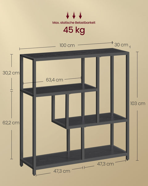 Rootz Bookcase with 4 Shelves - Ebony Black - Ink Black - Chipboard and Steel Material - 30cm x 100cm x 103cm - Lightweight - Sturdy