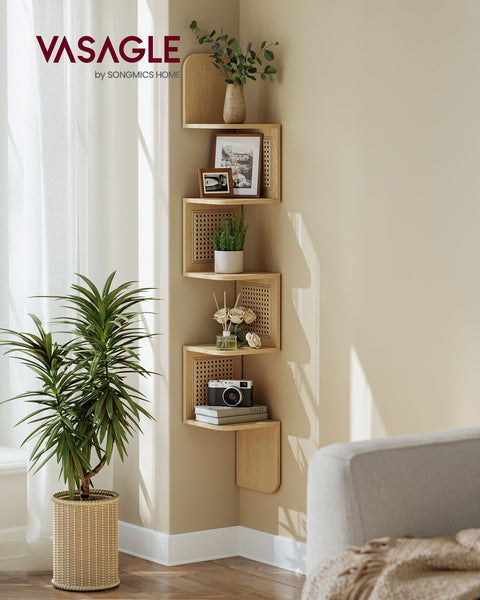 Rootz Corner Shelf - Oak Beige - Chipboard - PVC Plastic - Space-saving - Easy Assembly - Stylish Design - 20cm x 20cm x 126cm