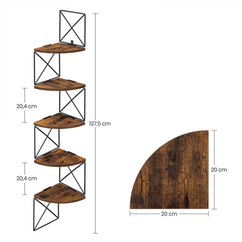 Rootz 5-Tier Corner Shelf - Wall Mounted Unit - Space-Saving Organizer - Durable Chipboard & Steel - 20cm x 20cm x 127.5cm