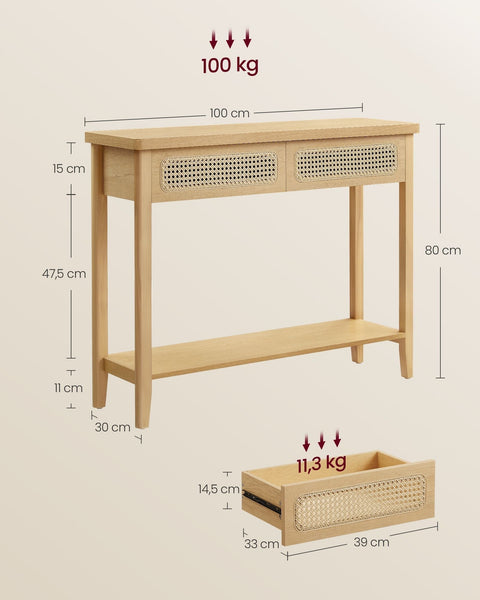 Rootz Console Table with 2 Drawers - Boho Style - Brown -Console - Max Load 100kg - MDF & Chipboard - 30cm x 80cm x 100cm