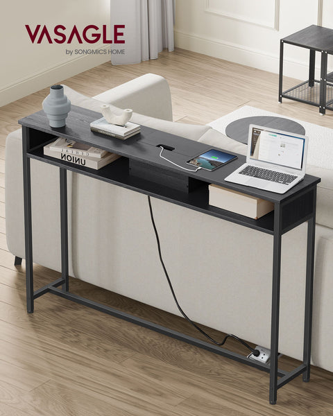 Rootz Modern Side Table with Power Strip - Anthracite Gray-Ink Black - Chipboard Steel - 100kg Capacity - 25cm x 120cm x 81.1cm