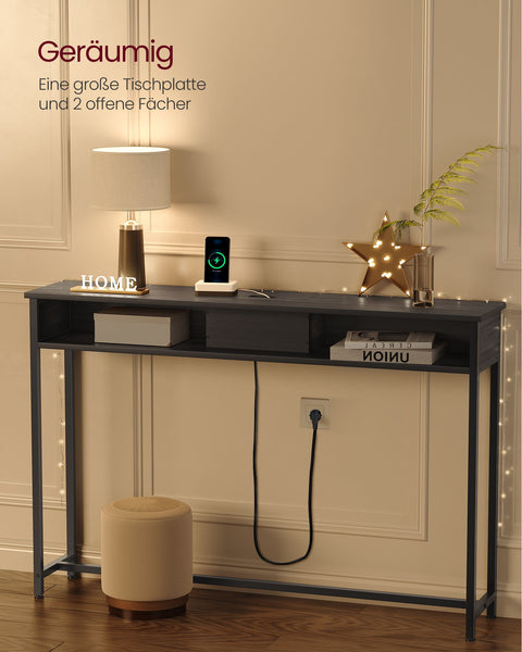 Rootz Modern Side Table with Power Strip - Anthracite Gray-Ink Black - Chipboard Steel - 100kg Capacity - 25cm x 120cm x 81.1cm