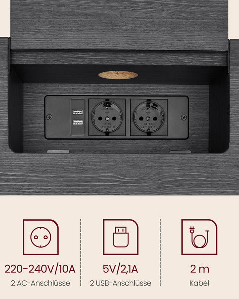 Rootz Modern Side Table with Power Strip - Anthracite Gray-Ink Black - Chipboard Steel - 100kg Capacity - 25cm x 120cm x 81.1cm