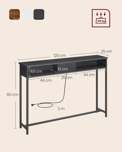 Rootz Modern Side Table with Power Strip - Anthracite Gray-Ink Black - Chipboard Steel - 100kg Capacity - 25cm x 120cm x 81.1cm