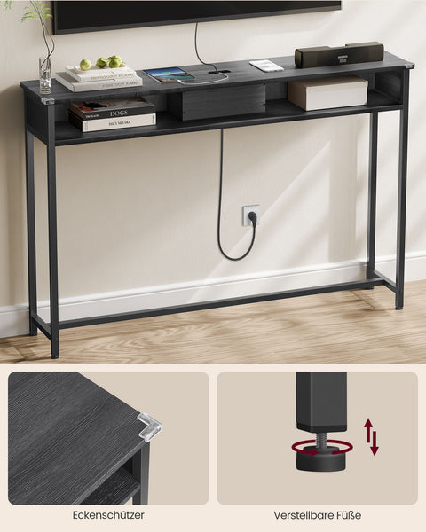 Rootz Modern Side Table with Power Strip - Anthracite Gray-Ink Black - Chipboard Steel - 100kg Capacity - 25cm x 120cm x 81.1cm
