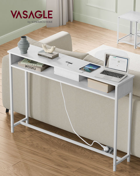 Rootz Snow White Chipboard Steel Side Table - End Table - Nightstand - Power Strip - Lightweight - Sturdy - Easy Assembly - 25cm x 120cm x 81.1cm