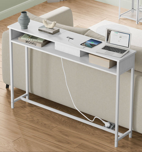 Rootz Console Table with Sockets - Space-Saving Console - White Side Table - Max 100kg Load - 25x120x81.1cm