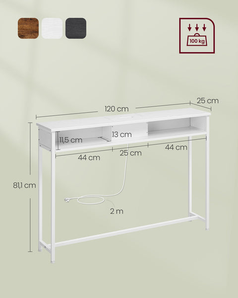 Rootz Snow White Chipboard Steel Side Table - End Table - Nightstand - Power Strip - Lightweight - Sturdy - Easy Assembly - 25cm x 120cm x 81.1cm