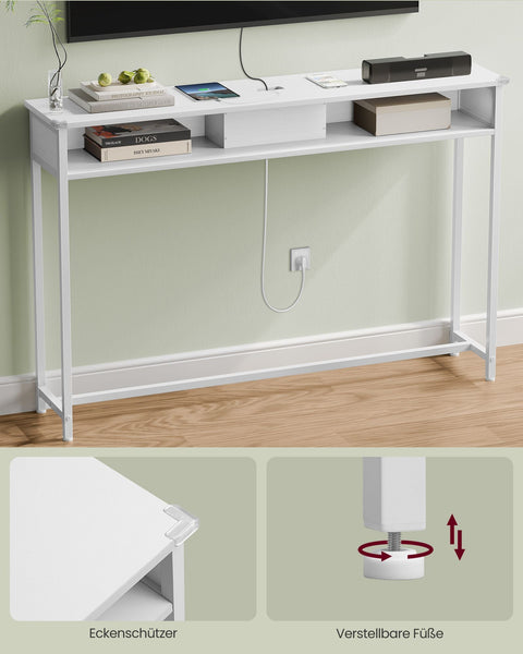 Rootz Snow White Chipboard Steel Side Table - End Table - Nightstand - Power Strip - Lightweight - Sturdy - Easy Assembly - 25cm x 120cm x 81.1cm
