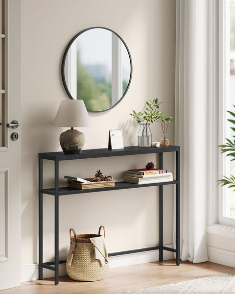 Rootz Narrow Sofa Table - Console Table - 2-Tier Shelf - Space-Saving Design - 20cm x 100cm x 80cm Black & Steel