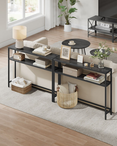 Rootz Narrow Sofa Table - Console Table - 2-Tier Shelf - Space-Saving Design - 20cm x 100cm x 80cm Black & Steel