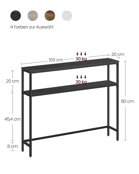 Rootz Narrow Sofa Table - Console Table - 2-Tier Shelf - Space-Saving Design - 20cm x 100cm x 80cm Black & Steel