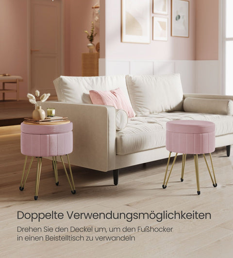 Rootz Velvet Storage Stool - Ottoman - Footrest - Pastel Pink - 39cm x 44.4cm - 25D Foam - MDF - 4 Metal Legs