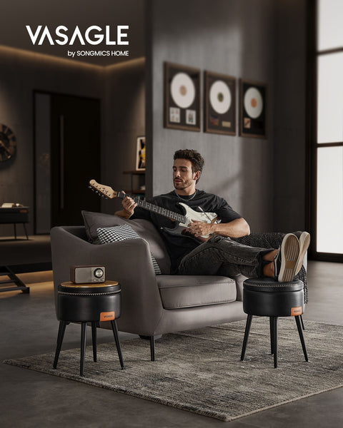 Rootz Storage Bench - Ottoman - Footstool - Steel Frame - Highly Elastic Foam - PU Leather - Plywood - 38.2cm x 44.4cm - Ø 32cm Seat - 3.3kg - 150kg Capacity - Ink Black