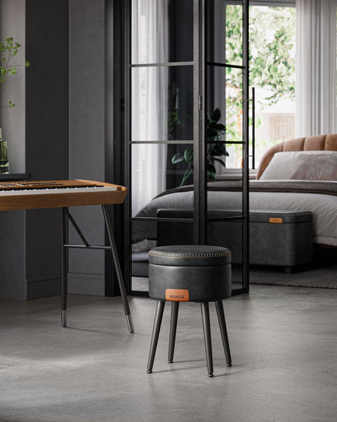 Rootz Storage Bench - Ottoman - Footstool - Steel Frame - Highly Elastic Foam - PU Leather - Plywood - 38.2cm x 44.4cm - Ø 32cm Seat - 3.3kg - 150kg Capacity - Ink Black