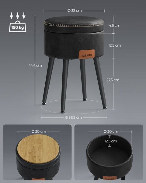 Rootz Storage Bench - Ottoman - Footstool - Steel Frame - Highly Elastic Foam - PU Leather - Plywood - 38.2cm x 44.4cm - Ø 32cm Seat - 3.3kg - 150kg Capacity - Ink Black