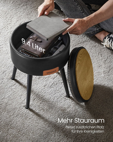Rootz Storage Bench - Ottoman - Footstool - Steel Frame - Highly Elastic Foam - PU Leather - Plywood - 38.2cm x 44.4cm - Ø 32cm Seat - 3.3kg - 150kg Capacity - Ink Black