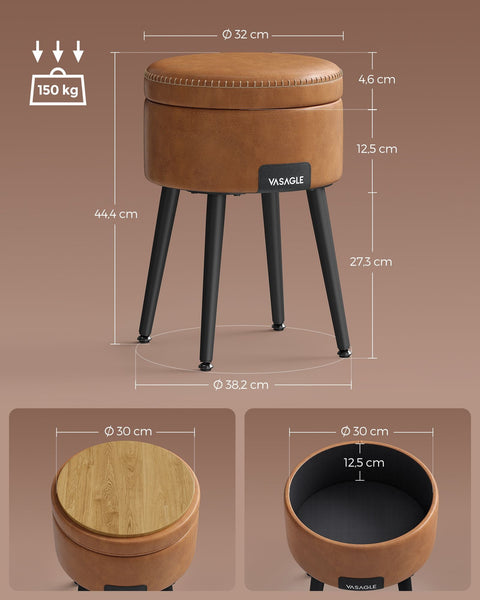Rootz Storage Bench - Ottoman - Footstool - Steel Frame - Highly Elastic Foam - PU Leather - Plywood - 38.2cm x 44.4cm - Caramel Brown - 3.3kg - 150kg Capacity