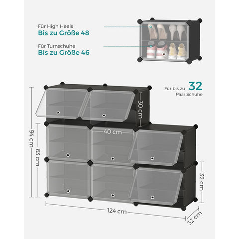 Rootz 8 Cube Black Storage Organizer - Cube Organizer - Cube Storage - ABS Plastic - PP Plastic - Steel Frame - 32cm x 124cm x 94cm - 30cm x 40cm x 30cm - 7.9kg - 40kg Capacity