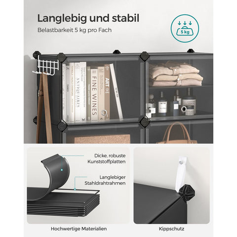 Rootz 10 Compartment Black Storage Shelf - Organizer Rack - Plastic Shelving - ABS Plastic - Steel Frame - 32cm x 165cm x 125cm