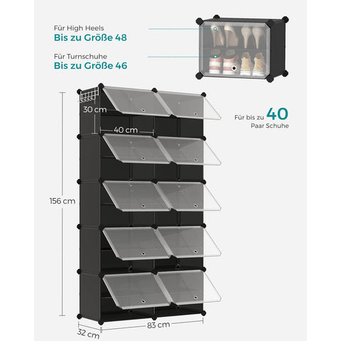 Rootz 10 Compartment Black Storage Shelf - Organizer Rack - Plastic Shelving - ABS Plastic - Steel Frame - 32cm x 165cm x 125cm