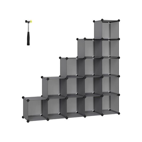 Rootz DIY Shoe Rack with 16 Cubes - Organizer - Storage Solution - Gray - PP Plastic Material - 123cm x 31cm x 123cm - Easy Assembly