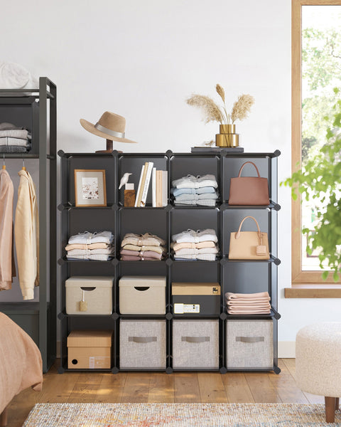 Rootz DIY Shoe Rack with 16 Cubes - Organizer - Storage Solution - Gray - PP Plastic Material - 123cm x 31cm x 123cm - Easy Assembly