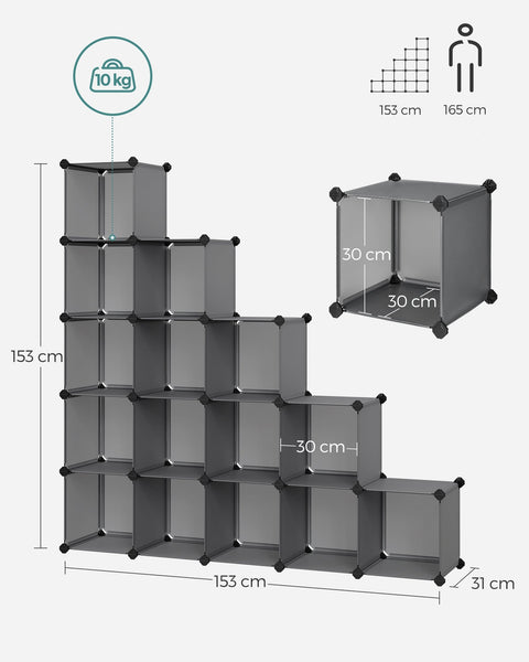 Rootz DIY Shoe Rack with 16 Cubes - Organizer - Storage Solution - Gray - PP Plastic Material - 123cm x 31cm x 123cm - Easy Assembly