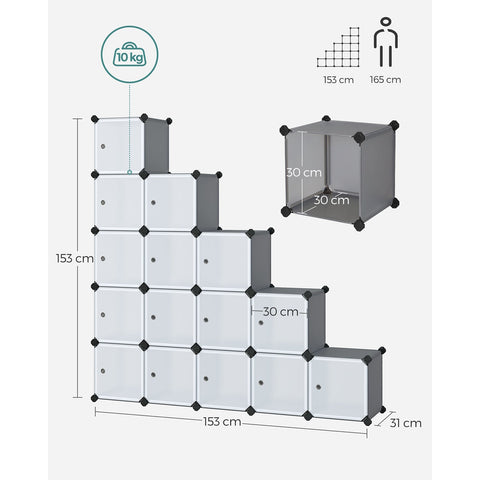 Rootz 16 Cube Gray Storage Organizer - Closet Organizer - Cube Storage - PP Plastic Panels - Metal Wire Frame - ABS Plastic Connectors - 153cm x 31cm x 153cm