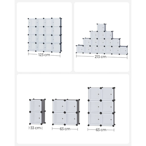 Rootz 16 Cube Gray Storage Organizer - Closet Organizer - Cube Storage - PP Plastic Panels - Metal Wire Frame - ABS Plastic Connectors - 153cm x 31cm x 153cm