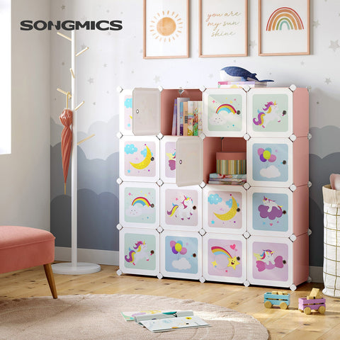 Rootz Pink 16 Cube Storage Organizer - DIY Closet Organizer - Modular Storage System - PP Plastic Panels - Metal Frame - ABS Plastic Connectors - 153cm x 31cm x 153cm