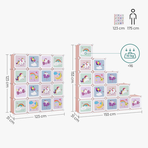 Rootz Pink 16 Cube Storage Organizer - DIY Closet Organizer - Modular Storage System - PP Plastic Panels - Metal Frame - ABS Plastic Connectors - 153cm x 31cm x 153cm