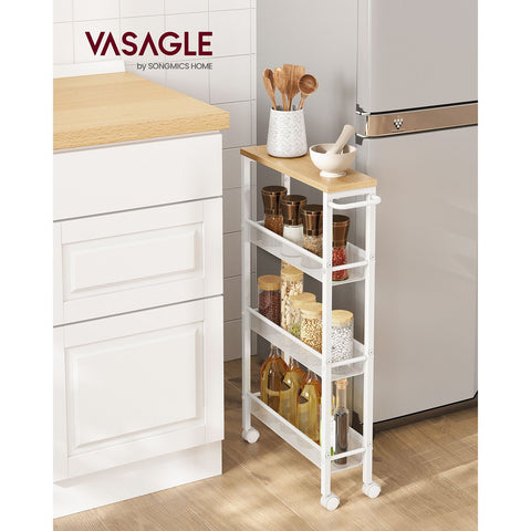 Rootz Oak White Trolley Cart - Storage Cart - Rolling Cart - Chipboard and Steel - Lightweight - Easy Assembly - Space Saving - 13cm x 45.4cm x 77cm