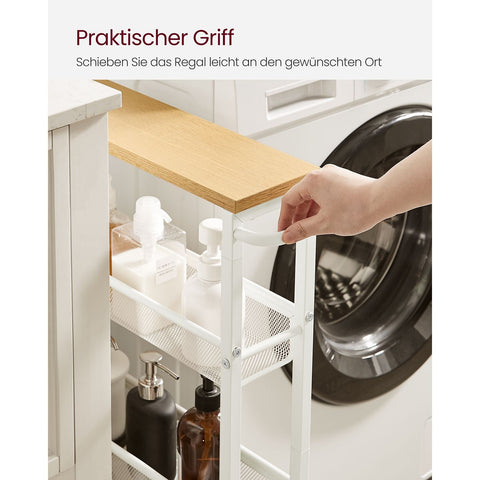 Rootz Oak White Trolley Cart - Storage Cart - Rolling Cart - Chipboard and Steel - Lightweight - Easy Assembly - Space Saving - 13cm x 45.4cm x 77cm