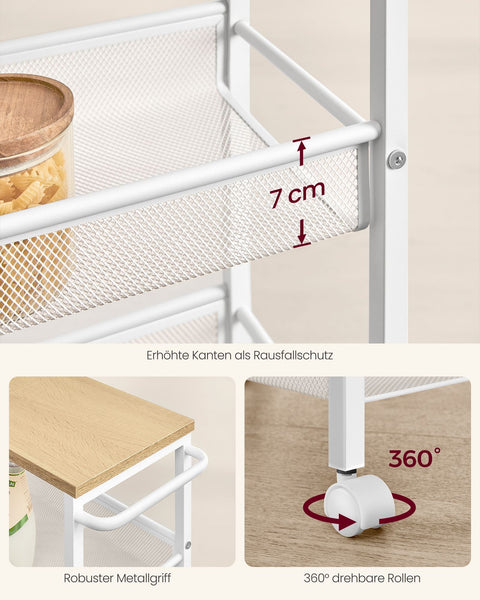 Rootz Oak White Chipboard Steel Trolley - Rolling Cart - Storage Organizer - Lightweight - Compact Design - Easy Assembly - 22cm x 45.5cm x 77cm